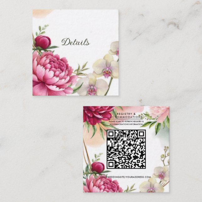 Peony & Orchid Garden Floral Wedding Detail Quadratische Visitenkarte (Vorne/Hinten)