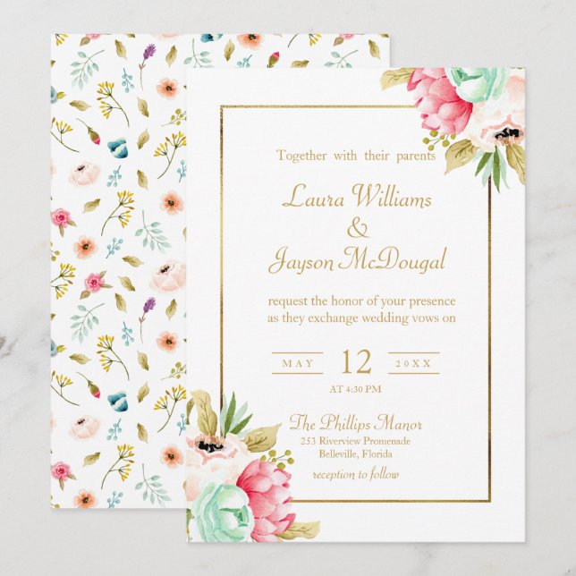 Peony Pastel Watercolor Gold Script Wedding Einladung (Vorne/Hinten)