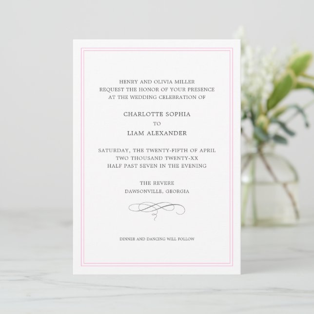 Peony Pink grenzt an moderne Hochzeitseinladung Einladung (Stehend Vorderseite)