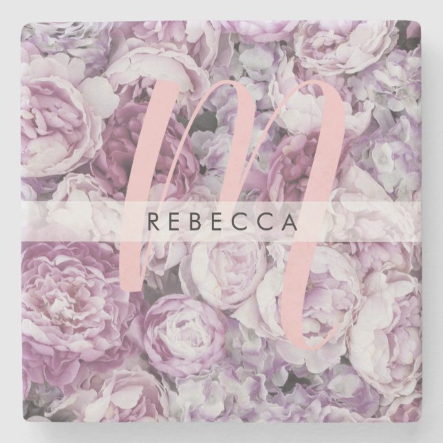 Peony Pink Roses Floral Script Monogram Steinuntersetzer (Vorderseite)