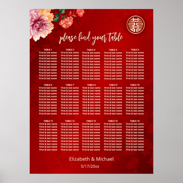 Peony Red Chinese Wedating Chart Poster (Vorne)