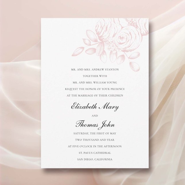 Peony Sketch Pink Blush Formal Traditionelle Hochz Einladung (peony wedding invitation formal traditional parents name floral sketch pink blush classic romantic)