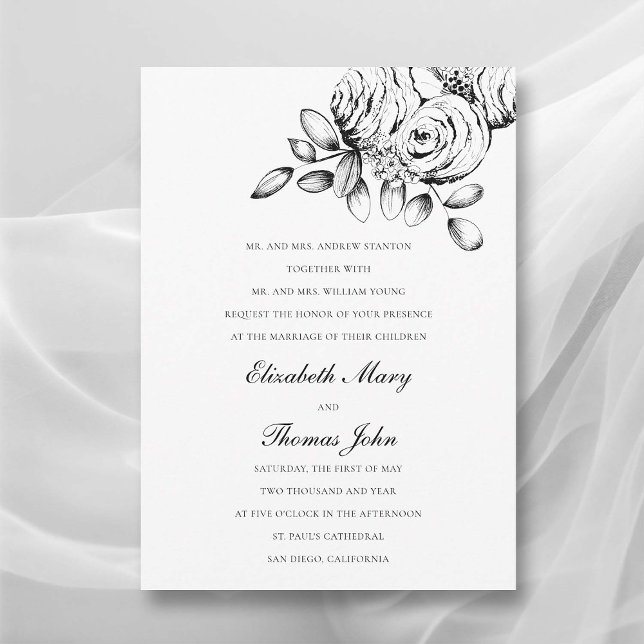 Peony Sketch Schwarz-weiße formale klassische Hoch Einladung (peony wedding invitation formal traditional parents name floral sketch black white classic romantic)