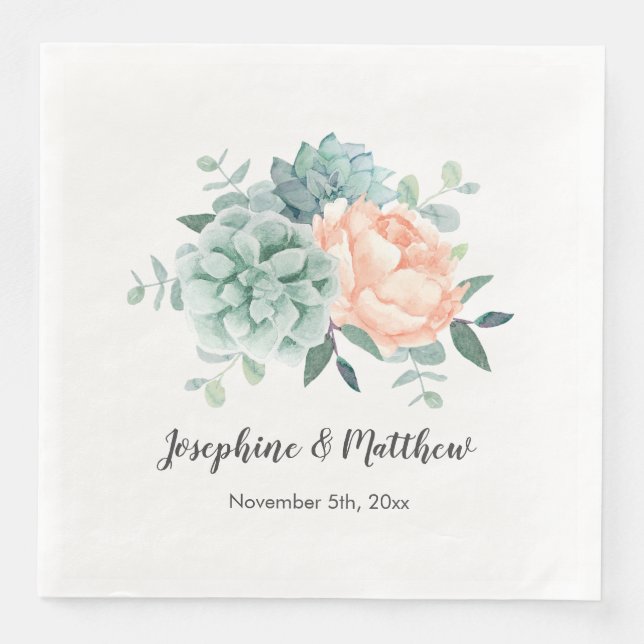 Peony Succulents Floral Watercolor Wedding Serviette (Vorderseite)