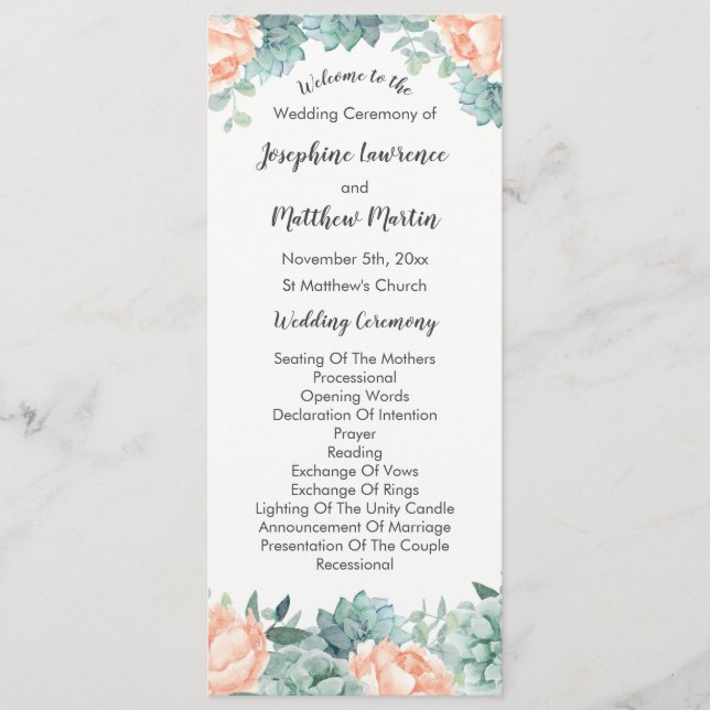 Peony Succulents Foliage Wedding Program Programm (Vorderseite)