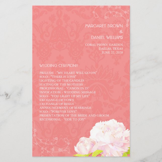 Peony Theme Coral Wedding Vertical Program (Vorderseite)