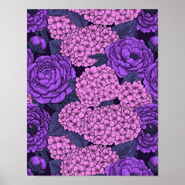 Peony und Hydrangea in Rosa und Violett Poster (Vorne)