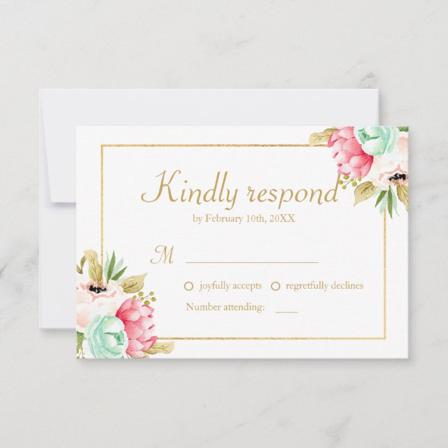 Peony Watercolor Elegante Gold Frame Wedding RSVP (Vorderseite)