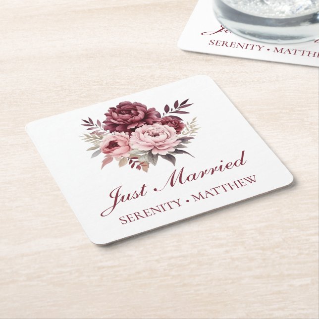 Peony Watercolor Floral Just Married Wedding Rechteckiger Pappuntersetzer (angewinkelt)