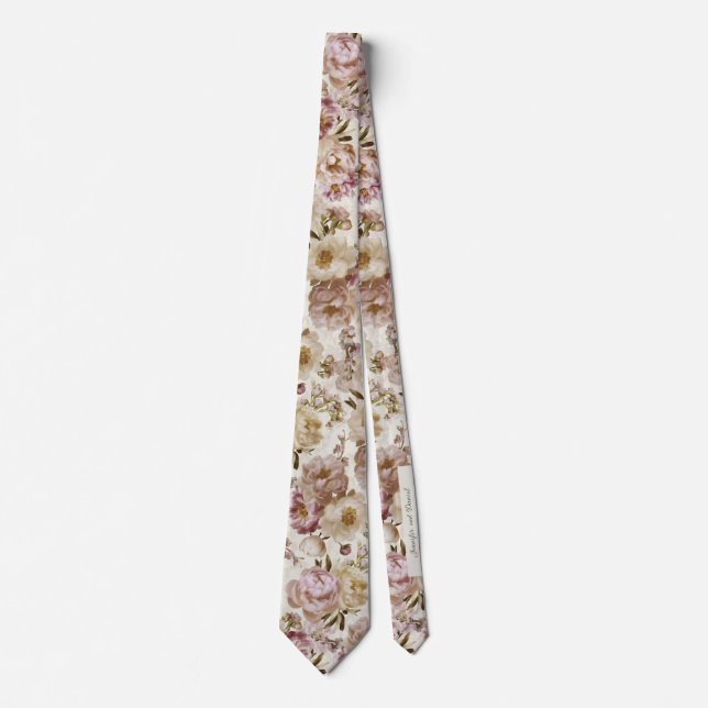 Peony Wedding Pink und Ivory Keepake Name + Datum Krawatte (Vorderseite)