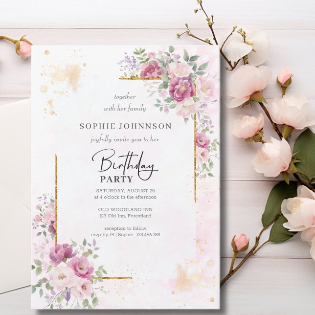 Peonys mit Goldrahmen Geburtstag Einladung (Von Creator hochgeladen)