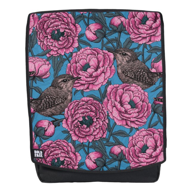 Peonys und Warnen auf blau Rucksack (Vorderseite)