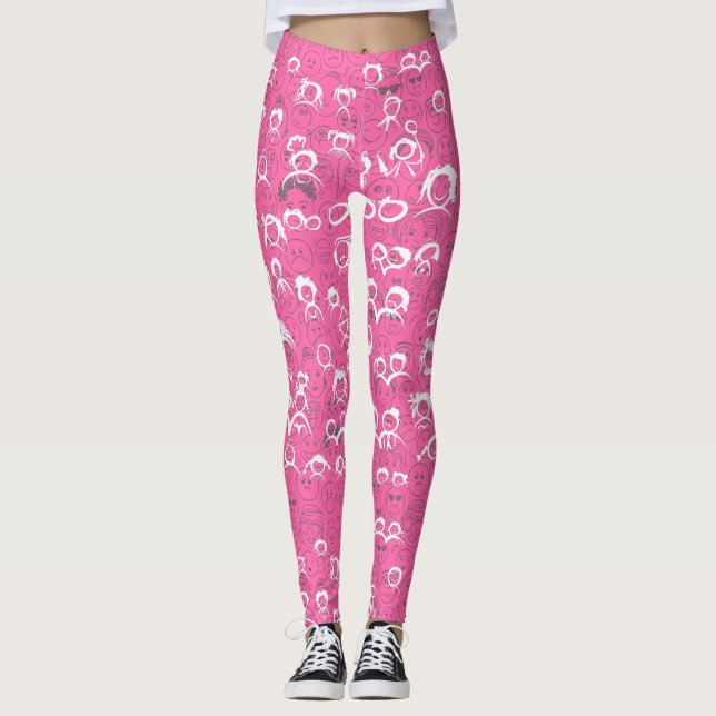 People Pattern Pink Hintergrund Leggings (Vorderseite)
