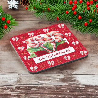 Pepermint Rot und Weiß Candy Cane Bow Monogramm Getränkeuntersetzer