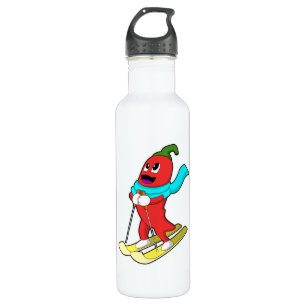 Pepper als Skifahrer mit Ski Edelstahlflasche