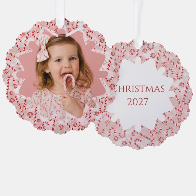 Peppermint Candy Cane Custom Christmas Foto Ornament Karte (Vorderseite/Rückseite)