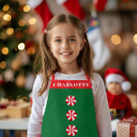 Peppermint Candy Red Green Weihnachten Personalisi Schürze<br><div class="desc">Individuelle Name mit individueller Hintergrundfarbe und Namensband mit 3 Pfefferminzbonbons; Originalzeichnungen von Becky Nimoy</div>
