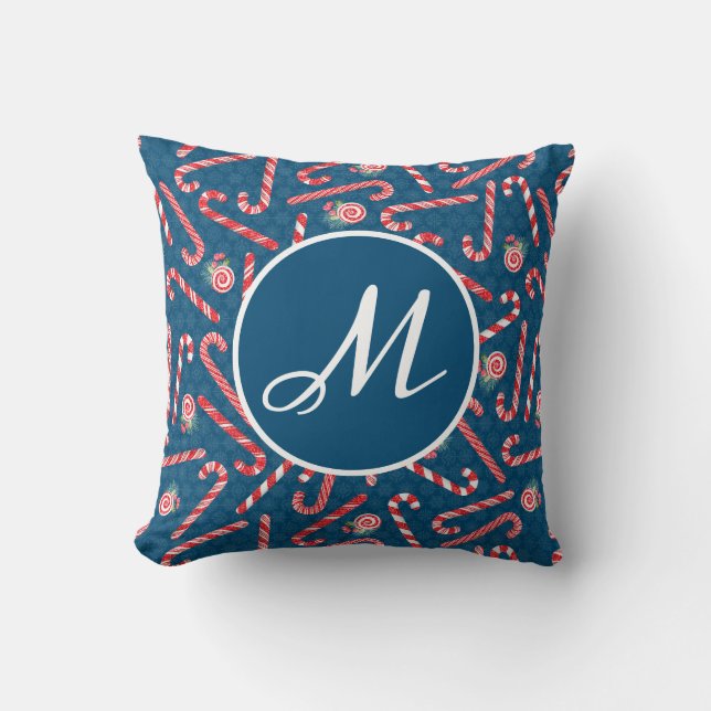 Peppermint Christmas Candy Cane Blue Monogram Kissen (Vorderseite)