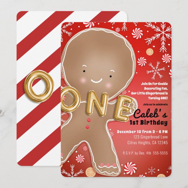 Peppermint Gingerbread Mann ONE 1. Geburtstags-Par Einladung (Vorne/Hinten)