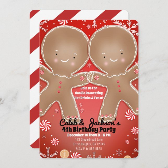 Peppermint Gingerbread Twins Birthday Party Einladung (Vorne/Hinten)