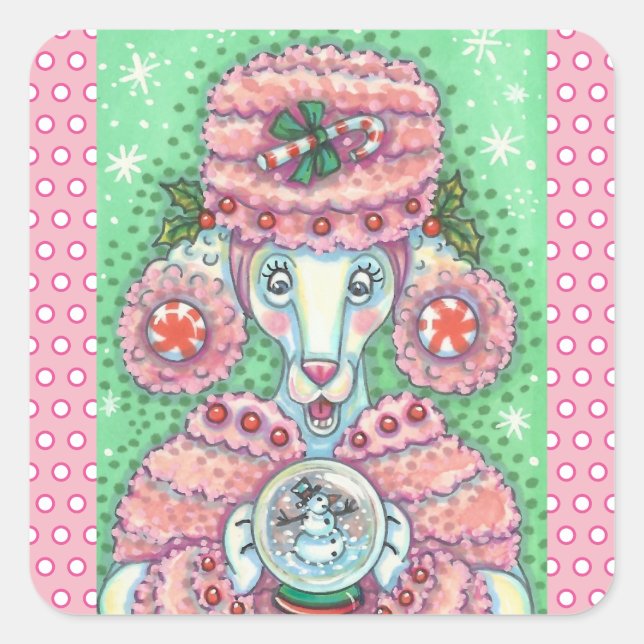 PEPPERMINT PINK POODLE, CHRISTMAS DOG STICKERS Squ (Vorderseite)