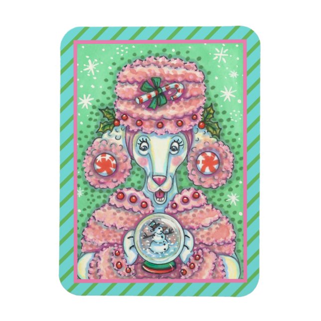 PEPPERMINT PINK POODLE, FUNNY CHRISTMAS DOG MAGNET (Vertikal)