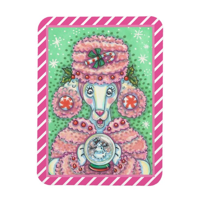 PEPPERMINT PINK POODLE, FUNNY CHRISTMAS DOG MAGNET (Vertikal)