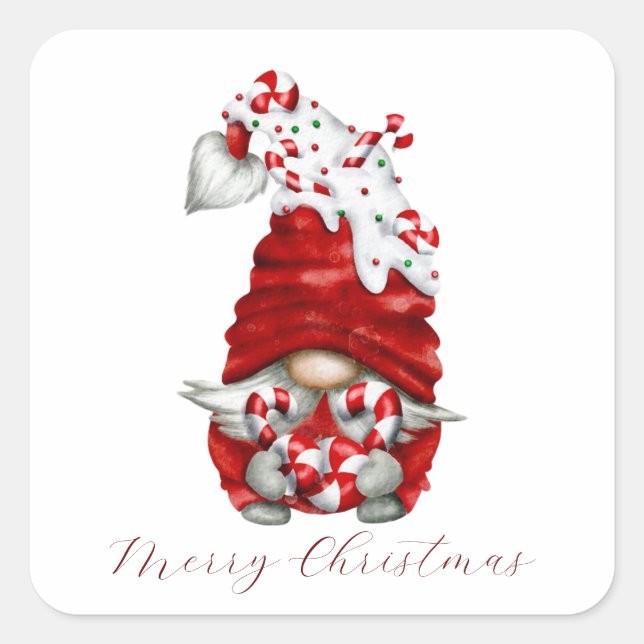 Peppermint Scandinavian Gnome Merry Christmas Quadratischer Aufkleber (Vorderseite)