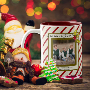 Peppermint Stripe Holly Farmhouse Foto Weihnachten Zweifarbige Tasse
