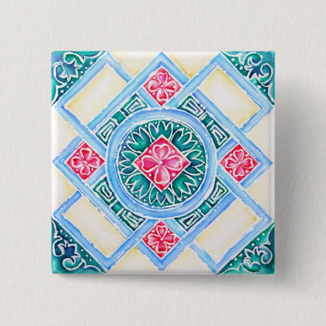 Peranakan Geometric Tile Aquamariner Platz Button (Vorderseite)