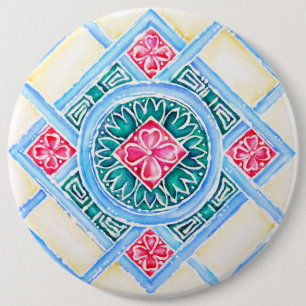 Peranakan-Geometrische Fliese Teal Rund Button