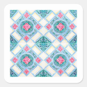 Peranakan-Geometrischer-Fliesen-Teal-Aufkleber Quadratischer Aufkleber