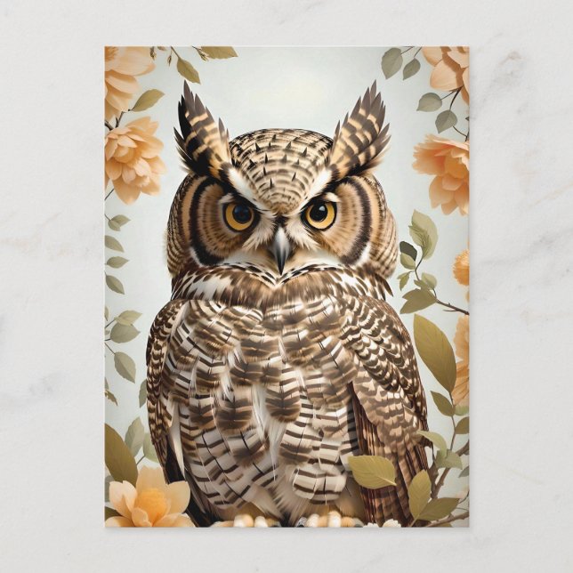 Perched Botanical Horned Owl Postkarte (Vorderseite)