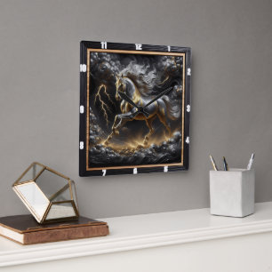 Percheron Horse Timepiece: Sturmmetall, Custom Gol Quadratische Wanduhr