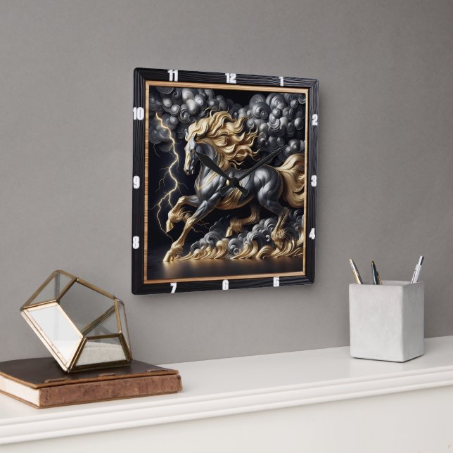 Percheron Pferdezeit: Goldmetall, Kunststurm Quadratische Wanduhr (Büro)