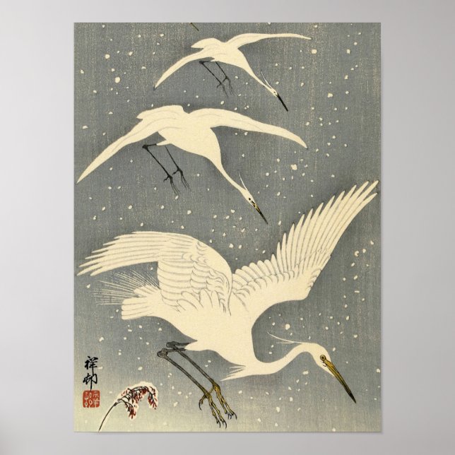 Perching Herons in Snow, 1936 von Ohara Koson Poster (Vorne)