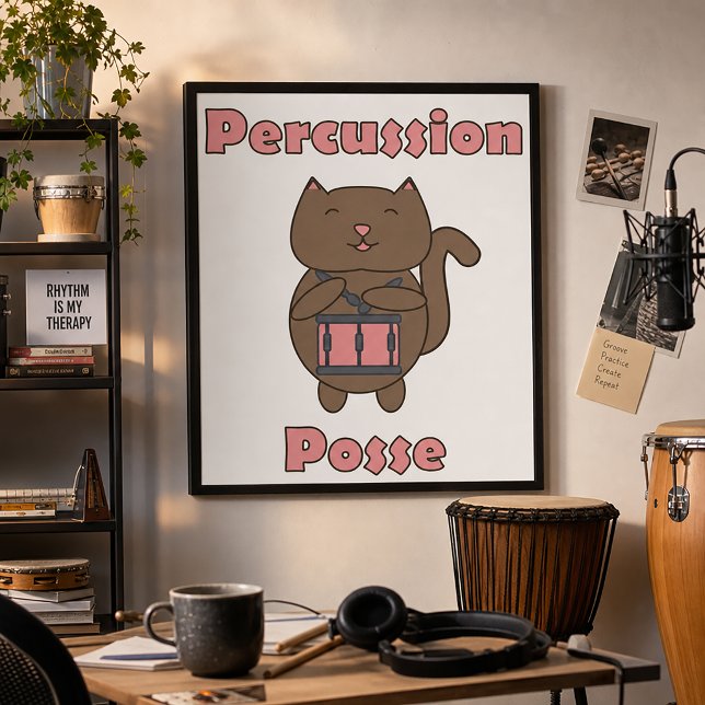 Percussion Posse - Süße Schlagzeuger Katze Poster (A poster featuring a brown kawaii cat playing the snare drum and the text percussion posse.)