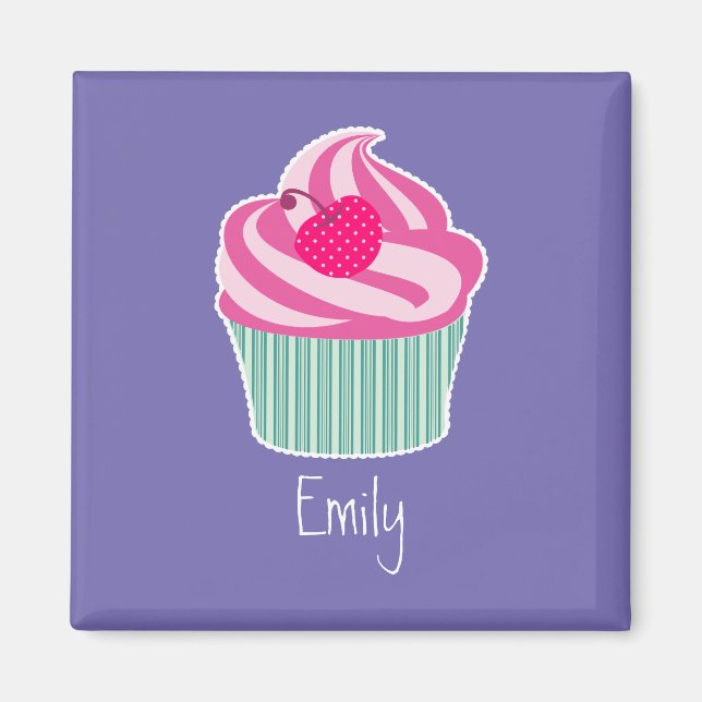 Perdonalized Pink Cupcake WIth Polka Dot Cherry Magnet (Vorne)