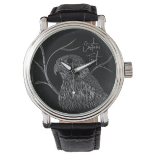 Peregrine Falcon in Baumzweigen mit Handschrift Armbanduhr