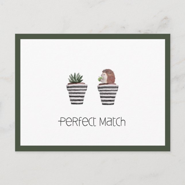 Perfect Match | Niedliche Igel- und Kaktus-Liebe Postkarte (Vorderseite)