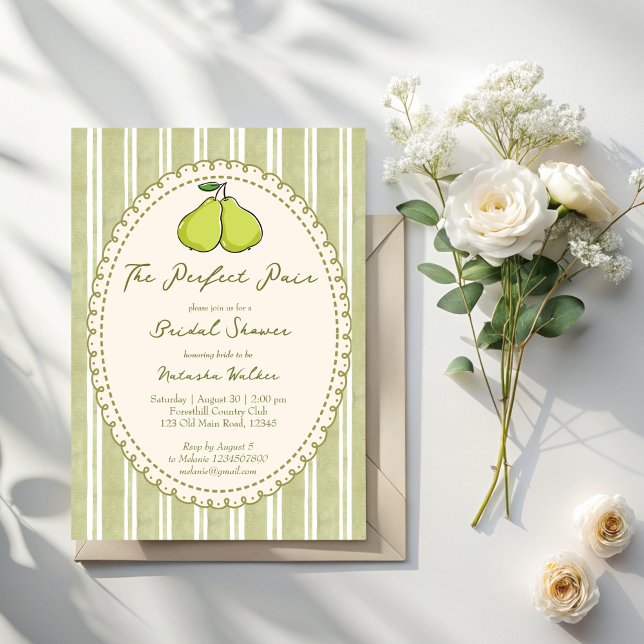 Perfect pair sage green stripe pear bridal shower einladung (Perfect pair sage green stripe pear bridal shower invitation cards template
)