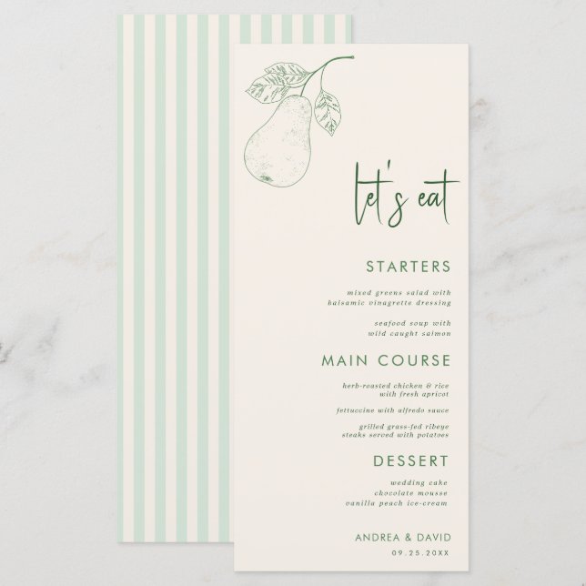 Perfect Pear Pair Theme Lasst uns Script Wedding e Menükarte (Vorne/Hinten)