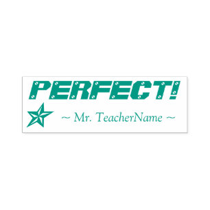 "PERFEKT!" + Name des Lehrers Rubber-Briefmarke Permastempel