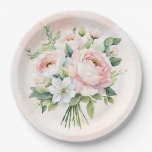 Perfekt rosa Aquarell-Pfingstrose Blumige Hochzeit Pappteller