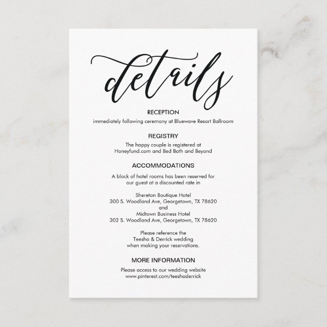 Perfekte Einsteckkarte für die Hochzeitsdetails Begleitkarte (Vorderseite)