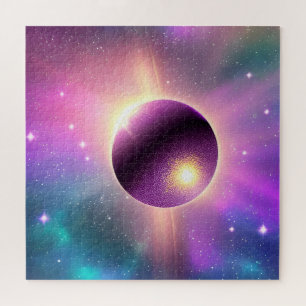 Perfekte Lila kosmische Sphäre umkreist das Univer Puzzle