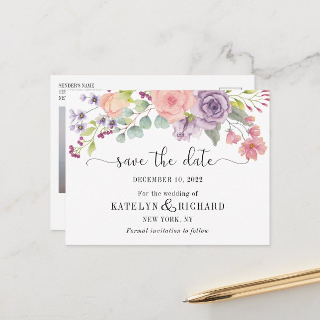 Perfekte Pastelltöne floral Save the Date Postkart Postkarte (Vorderseite/Rückseite Beispiel)