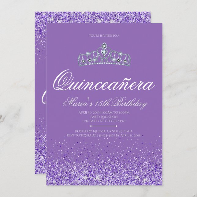 Perfekter lila Glitzer, Quinceanera Einladungen (Vorne/Hinten)