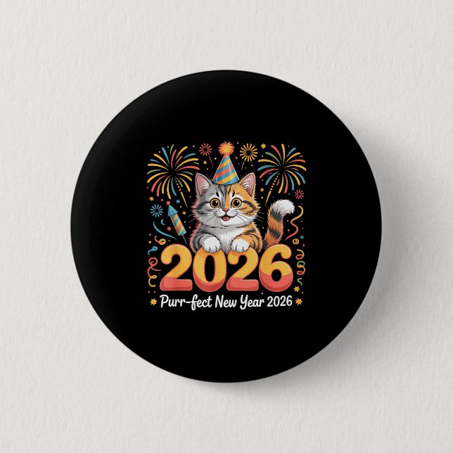 Perfektes Neues Jahr 2026 Süße Katze Feuerwerk Fei Button (Vorderseite)