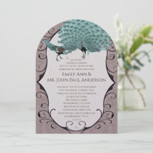 Perfektes Paar Aquamarin & Mink Damask Peacock Einladung
